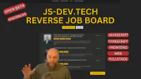 Screenshot der Website JS-DEV.TECH Reverse Job Board mit Hervorhebung auf JavaScript-, TypeScript-, Frontend-, Web- und Fullstack-Entwickler. Oben ein Button für die kostenlose Registrierung, daneben der Text Open Beta – Kostenlos. Im Vordergrund Björn, der die Plattform vorstellt.